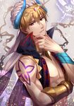  arabian_clothes bangs blonde_hair commentary_request crop_top earrings fate/grand_order fate_(series) gilgamesh gilgamesh_(caster)_(fate) hair_between_eyes hand_on_own_chin horns jewelry looking_at_viewer male_focus minami_ikkei open_clothes open_vest parted_lips pectorals red_eyes solo toned toned_male tsurime upper_body vest 
