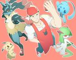  absurdres apron bandaid bandaid_on_nose bandana from_above gen_3_pokemon gen_4_pokemon gen_7_pokemon green_hair hand_in_pocket highres holding holding_poke_ball kirlia looking_at_viewer lucario male_focus manaphy mimikyu nazono_buru npc_trainer poke_ball poke_ball_(generic) pokemon pokemon_(creature) pokemon_(game) pokemon_breeder_(pokemon) pokemon_oras red_apron red_background simple_background smile smirk 