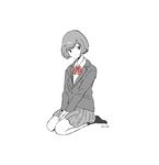  bangs between_legs bow bowtie collared_shirt full_body gumi. hand_between_legs jacket long_sleeves monochrome original pleated_skirt red_neckwear school_uniform seiza shirt short_hair signature simple_background sitting skirt smile solo spot_color white_background 