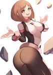  1girl ass belt blush bodysuit boku_no_hero_academia breasts from_behind looking_back medium_breasts open_mouth orange_eyes orange_hair parted_lips rocks shiny shiny_clothes shiny_hair short_hair sideboob skin_tight smile solo squirrel_hollow uraraka_ochako 