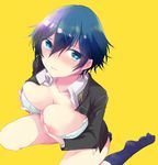  bare_legs blue_eyes blue_hair blue_legwear blush bra breast_lift breasts cleavage closed_mouth collarbone commentary_request from_above grabbing_own_breast hair_between_eyes heart heart-shaped_pupils jacket kneeling large_breasts long_sleeves looking_at_viewer looking_up nipples nose_blush open_clothes open_jacket open_shirt persona persona_4 school_uniform shinocco shiny shiny_hair shirogane_naoto shirt short_hair simple_background socks solo symbol-shaped_pupils underwear white_bra yasogami_school_uniform yellow_background 