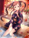  autumn_leaves brown_eyes brown_hair fence floral_print hand_up highres ilog japanese_clothes kimono lunacle official_art sitting smile soaking_feet solo watermark wooden_fence 