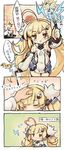  1boy 1girl 4koma ahoge arm_up azur_lane bare_shoulders blonde_hair blush closed_eyes closed_mouth comic commander_(azur_lane) commentary_request detached_sleeves dowsing_rod dress eldridge_(azur_lane) electricity eyebrows_visible_through_hair flat_chest flying_sweatdrops gloves hat heart_ahoge holding itsuki_tasuku lightning_bolt long_hair long_sleeves looking_at_viewer motion_lines nose_blush open_mouth peaked_cap petting red_eyes smile speech_bubble sweatdrop translation_request twintails very_long_hair white_dress white_gloves 