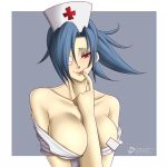  1girl bare_shoulders blue_hair breasts cleavage hat large_breasts nurse ponytail skullgirls tagme valentine_(skullgirls) 