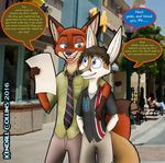 2016 4_fingers anthro arm_around_shoulder black_hair black_nose blue_eyes canine clothed clothing digital_rawing_(artwork) dipstick_tail disney disney_california_adventure disney_parks duo_focus english_text fennec fox fur gloves_(marking) green_eyes group hair half-closed_eyes hands_in_pockets hawaiian_shirt hi_res holding_object kendall_collins kendall_collins_(character) looking_at_someone mammal markings multicolored_tail necktie nick_wilde open_mouth open_smile orange_fur pants paper photo_background red_fox shirt shorts smile speech_bubble tan_fur text zootopia 