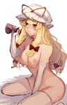  after_fellatio bar_censor blonde_hair breasts censored cheek_bulge commentary_request cum cum_in_mouth cum_string elbow_gloves gloves hat hat_ribbon highres large_breasts long_hair mob_cap mochacot nipples nude penis protected_link purple_eyes ribbon solo thighhighs touhou white_gloves white_legwear yakumo_yukari 