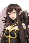  bare_shoulders black_dress black_hair breasts detached_sleeves dress fate/apocrypha fate_(series) fur_trim highres large_breasts long_hair looking_at_viewer open_mouth pointy_ears semiramis_(fate) shuugetsu_karasu smile solo upper_body very_long_hair yellow_eyes 