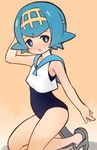  1girl arm_up blue_eyes blue_hair blue_sailor_collar blue_swimsuit blush child collarbone covered_navel crop_top garoudo_(kadouhan&#039;i) gradient gradient_background grey_footwear hair_ornament hairband half-closed_eyes kneeling looking_at_viewer matching_hair/eyes navel one-piece_swimsuit open_mouth orange_background pokemon pokemon_(game) pokemon_sm sailor_collar sandals shirt short_hair simple_background skindentation sleeveless sleeveless_shirt solo suiren_(pokemon) swimsuit swimsuit_under_clothes white_shirt 