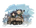  &gt;_&lt; :d black_eyes black_gloves black_hair blonde_hair blush brodie_helmet building chibi chito_(shoujo_shuumatsu_ryokou) clenched_hand eyebrows_visible_through_hair full_body fur_trim gloves green_coat gun hair_between_eyes half-track hand_on_headwear helmet hooded_coat itsuki_tasuku jitome kettenkrad multiple_girls open_mouth outstretched_arm rifle shoujo_shuumatsu_ryokou sitting smile stahlhelm v-shaped_eyebrows weapon white_background yuuri_(shoujo_shuumatsu_ryokou) 