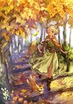  animal_ears belt blonde_hair boots brown_eyes commentary_request day dress fennec_fox forest fox_ears fox_tail frilled_dress frills highres light_particles looking_at_viewer multiple_tails mushroom nature okishiji_en one_eye_closed original outdoors short_hair smile solo tail tree 