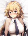  3: akita_hika blazer blonde_hair blush bow braid breasts closed_mouth covered_nipples embarrassed fate/apocrypha fate_(series) jacket jeanne_d'arc_(fate) jeanne_d'arc_(fate)_(all) jewelry large_breasts long_hair looking_at_viewer necktie off_shoulder purple_eyes removing_jacket shiny shiny_skin shirt simple_background single_braid skindentation sleeveless sleeveless_shirt solo sweat undressing 