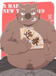  2019 anthro belly blush boar brown_fur chinese_zodiac clothed clothing english_text fur humanoid_hands kota&acute; male mammal moobs navel nipples overweight overweight_male porcine simple_background solo text year_of_the_pig 