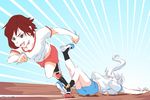  commentary fallen_down gym_shirt gym_shorts gym_uniform multiple_girls red_hair ruby_rose running rwby shirt shoes shorts sneakers track_and_field weiss_schnee white_hair 