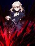  artoria_pendragon_(all) black_dress blonde_hair breasts cleavage dark_excalibur darkness dress fate/stay_night fate_(series) medium_breasts pale_skin saber_alter sen_(77nuvola) solo yellow_eyes 