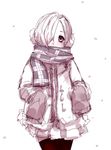  bad_id bad_twitter_id blush coat covered_mouth cowboy_shot derivative_work earmuffs hair_over_one_eye idolmaster idolmaster_cinderella_girls long_sleeves looking_at_viewer scarf scarf_over_mouth shirasaka_koume short_hair simple_background sleeves_past_wrists solo soubi standing white_background winter_clothes winter_coat 