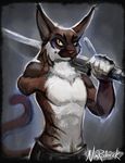  2017 amputee anthro caracal cat clothed clothing digital_media_(artwork) feline halvkatten looking_at_viewer male mammal melee_weapon nimroderick one_arm partially_clothed pose scar solo standing sword topless weapon 
