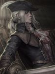  belt blood bloodborne bloody_clothes cape cravat deviantart_username gloves grey_hair hat hat_feather highres lady_maria_of_the_astral_clocktower looking_to_the_side patreon_username ponytail realistic sciamano240 serious solo sword the_old_hunters watermark weapon web_address 