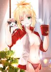  blonde_hair blush breasts cat collarbone commentary_request cup fate/apocrypha fate_(series) green_eyes highres holding holding_cup iroha_(shiki) jacket long_sleeves looking_at_viewer medium_breasts mordred_(fate) mordred_(fate)_(all) navel one_eye_closed open_clothes open_jacket panties smile striped striped_panties track_jacket underwear 