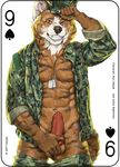  2017 akita animal_genitalia animal_penis anthro canine canine_penis card clothed clothing crotch_grab digital_media_(artwork) dog dog_tags erection fonyaa fur grope hat male mammal millitary muscular muscular_male pecs penis playing_card simple_background smile solo standing teeth undressing 