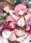  1girl armpits arms_behind_head bangs black_panties blush breasts chain choker commentary_request demon_girl demon_horns demon_tail demon_wings highres hood horns kurimochi_chizuru large_breasts long_hair looking_at_viewer navel original panties parted_lips pink_eyes pink_hair pointy_ears revealing_clothes smile stomach succubus tail tail_mouth tattoo thigh_gap thighhighs underwear very_long_hair wings 
