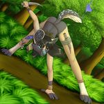  2017 4_toes african_wild_dog anthro ass_up blue_eyes bottomless canine clothed clothing day detailed_background digital_media_(artwork) female forest grass holding_object holding_weapon inner_ear_fluff mammal outside solo tales_foxdale toes tree tribal weapon 