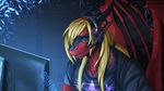  2016 anthro black_eyes black_sclera blonde_hair clothing coman computer dragon dragon_wings eliana-asato gaming hair headphones horn long_hair male open_mouth playing red_scales scales shirt sitting solo t-shirt 