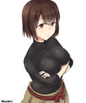  absurdres breast_hold breasts brown_eyes brown_hair brown_skirt crossed_arms hair_between_eyes highres hyuuga_(kantai_collection) kantai_collection kiritto large_breasts long_sleeves short_hair simple_background skirt solo twitter_username white_background 