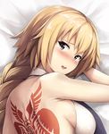  3: akita_hika arm_up back_tattoo blonde_hair blush bow braid breasts dakimakura fate/apocrypha fate_(series) from_behind hair_bow halter_top halterneck jeanne_d'arc_(fate) jeanne_d'arc_(fate)_(all) large_breasts long_hair looking_back parted_lips purple_eyes shoulder_blades sideboob simple_background single_braid solo tattoo tears 