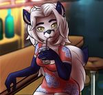  alcohol anthro bar beverage bobdirt breasts canine clothed clothing detailed_background dress drinking drunk female fox fur hair holding_object inside licking looking_at_viewer mammal piercing seductive shaded sitting solo straw tongue tongue_out 