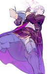  belt book boots brown_eyes brown_gloves closed_mouth coat electricity feet_out_of_frame fire_emblem fire_emblem_heroes from_below gloves holding holding_book legs_apart magic male_focus my_unit_(fire_emblem:_kakusei) open_book pants shirt signature silver_hair simple_background solo standing ukumo_uichi white_background 