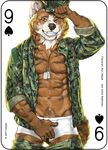  2017 akita anthro canine card clothed clothing crotch_grab digital_media_(artwork) dog dog_tags fonyaa fur grope hat male mammal millitary muscular muscular_male pecs playing_card simple_background smile solo standing teeth underwear undressing 
