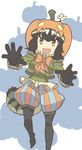  524_(kemono_ethread) :d alternate_eye_color black_gloves black_hair black_legwear bow bowtie claw_pose commentary_request common_raccoon_(kemono_friends) fang flower flower_on_head gloves halloween halloween_costume highres jack-o'-lantern kemono_friends long_sleeves looking_at_viewer multicolored_hair open_mouth orange_neckwear pantyhose raccoon_tail short_hair smile solo tail yellow_eyes 