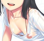  bikini bikini_under_clothes black_hair breasts breasts_apart collarbone downblouse h_kasei head_out_of_frame long_hair medium_breasts micro_bikini parted_lips red_bikini see-through shirt short_sleeves smile solo swimsuit wet wet_clothes wet_shirt white_background 