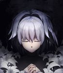  bad_id bad_pixiv_id closed_eyes darker_than_black facing_viewer flower highres hui_feng interlocked_fingers ponytail portrait silver_hair solo white_flower yin 