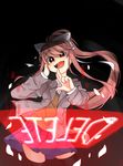  :d bangs black_background black_legwear blazer blue_skirt bow bright_pupils brown_hair brown_jacket commentary cowboy_shot doki_doki_literature_club eyebrows_visible_through_hair grey_jacket hair_bow hair_ribbon hand_on_own_cheek hand_on_own_face hands_up highres jacket long_hair long_sleeves looking_at_viewer monika_(doki_doki_literature_club) open_blazer open_clothes open_jacket open_mouth petals ponytail red_eyes ribbon school_uniform shaded_face simple_background skirt smile standing sweater_vest thighhighs white_bow white_ribbon zettai_ryouiki 