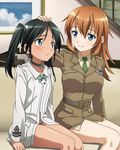  2girls blue_eyes blush breasts brown_hair charlotte_e_yeager francesca_lucchini green_eyes green_hair long_hair medium_breasts multiple_girls panties sitting small_breasts smile strike_witches striped_panties tears twintails underwear world_witches_series 