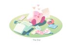  box closed_eyes comic english gift gift_box heart invincible_candy kirby kirby_(series) letter maxim_tomato open_mouth peachifruit rug simple_background sitting smile the_end_(phrase) white_background 