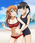  artist_request bikini black_hair blue_eyes blue_swimsuit blush breasts brown_eyes brown_hair charlotte_e_yeager collarbone day eyepatch grabbing grabbing_from_behind groin large_breasts looking_back multiple_girls non-web_source ocean ponytail print_eyepatch red_bikini sakamoto_mio sky smile strike_witches swimsuit swimwear white_eyepatch world_witches_series yuri 