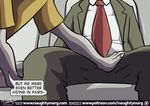  brothers business_suit close-up clothed clothing comic crotch_shot dialogue dragon duo english_text faceless_male fully_clothed hand_on_crotch incest male naughtymorg scalie sibling sitting speech_bubble suit text 