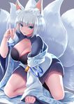  \m/ absurdres animal_ears azur_lane black_neckwear blue_eyes breasts choker cleavage commentary_request eyebrows_visible_through_hair fox_ears fox_shadow_puppet fox_tail highres japanese_clothes kaga_(azur_lane) kneeling large_breasts looking_at_viewer multiple_tails nicoby open_mouth short_hair tail white_hair wide_sleeves 