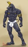  2017 4_toes 5_fingers abs anthro anubian_jackal anubis black_nose blue_eyes briefs bulge canine clothed clothing deity hungothenomster jackal looking_aside male mammal markings muscular muscular_male nipples plantigrade pose simple_background solo standing toes topless underwear 