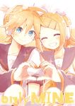  1girl :d ^_^ blonde_hair blue_eyes brother_and_sister closed_eyes commentary_request detached_sleeves english eyebrows_visible_through_hair hair_ornament hairclip headphones heart heart_hands heart_hands_duo kagamine_len kagamine_rin looking_at_viewer necktie open_mouth ryou_(fallxalice) sailor_collar short_hair siblings smile twins vocaloid 