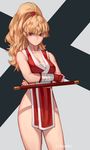  bangs blonde_hair breasts cleavage closed_mouth collarbone commentary cowboy_shot crossed_arms final_fight genryuusai_maki high_ponytail highres hikareki large_breasts long_hair looking_at_viewer ninja pelvic_curtain ponytail red_eyes solo street_fighter tonfa weapon 