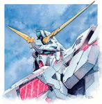  gundam gundam_unicorn hector_trunnec highres mecha no_humans nt-d traditional_media unicorn_gundam watercolor_(medium) 