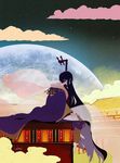  absurdly_long_hair barefoot black_hair cloud from_side full_body full_moon holding japanese_clothes kaguya_hime kimono long_hair long_sleeves moon night night_sky original purple_kimono signature sitting sky solo star_(sky) taketori_monogatari ukumo_uichi very_long_hair 