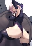  agovitch ahoge arms_up ass bad_id bad_pixiv_id black_legwear blush breasts elbow_gloves fate/grand_order fate_(series) from_behind gloves hair_over_one_eye head_tilt highres large_breasts leotard looking_at_viewer looking_back mash_kyrielight messy_hair open_mouth own_hands_together partially_visible_vulva pink_hair purple_eyes shield short_hair simple_background single_thighhigh solo standing thighhighs white_background 