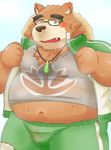  2017 anthro bake_gosut bear belly blush brown_fur clothed clothing eyewear fur glasses hat male mammal overweight overweight_male shirt straw_hat sweat tokyo_afterschool_summoners volos 