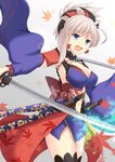  asymmetrical_hair breasts center_opening cleavage cross_(crossryou) detached_sleeves fate/grand_order fate_(series) holding holding_sword holding_weapon japanese_clothes katana kimono leaf_print medium_breasts miyamoto_musashi_(fate/grand_order) navel obi open_mouth pink_hair sash short_hair short_kimono sleeveless sleeveless_kimono solo sword weapon white_background 