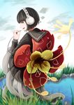  black_hair day flower grass headphones monster_girl nene_nene outdoors school_uniform serafuku short_hair standing tentacles urase_(oiyara) utau water 