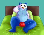  2019 anthro bassfxlimit bed belly big_blue_oshy bulge clothing digital_media_(artwork) hi_res male mammal moobs mustelid nintendo oshawott otter overweight pok&eacute;mon pok&eacute;mon_(species) simple_background solo thick_thighs thong video_games 